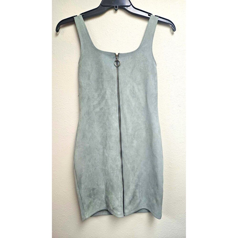 Popular Basics Dress Womens Medium Sage Green Faux Suede Zip Front Bodycon Mini
